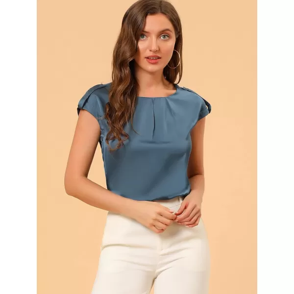 Allegra K Women's Satin Cap Sleeve Top Pleated Casual Work Office Blouse