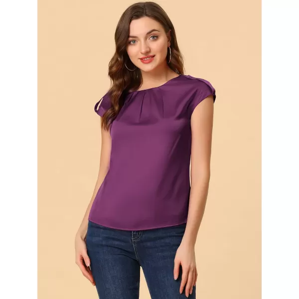 Allegra K Women's Satin Cap Sleeve Top Pleated Casual Work Office Blouse