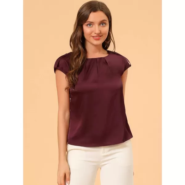 Allegra K Women's Satin Cap Sleeve Top Pleated Casual Work Office Blouse