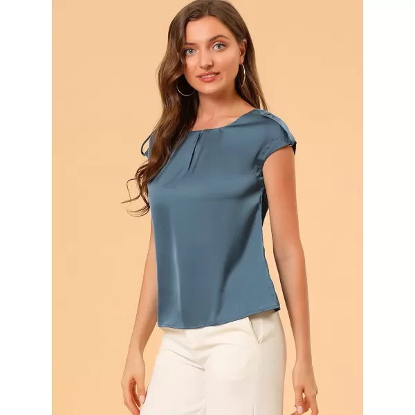 Allegra K Women's Satin Cap Sleeve Top Pleated Casual Work Office Blouse