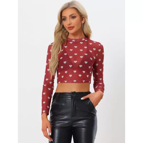 Allegra K Women's Semi-Sheer Sexy Blouse Heart Print Crop Tops Valentine's Day Party Mesh Top