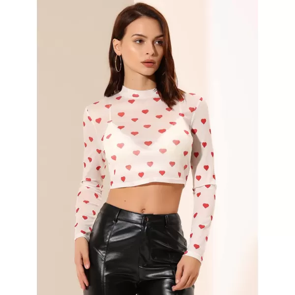 Allegra K Women's Semi-Sheer Sexy Blouse Heart Print Crop Tops Valentine's Day Party Mesh Top