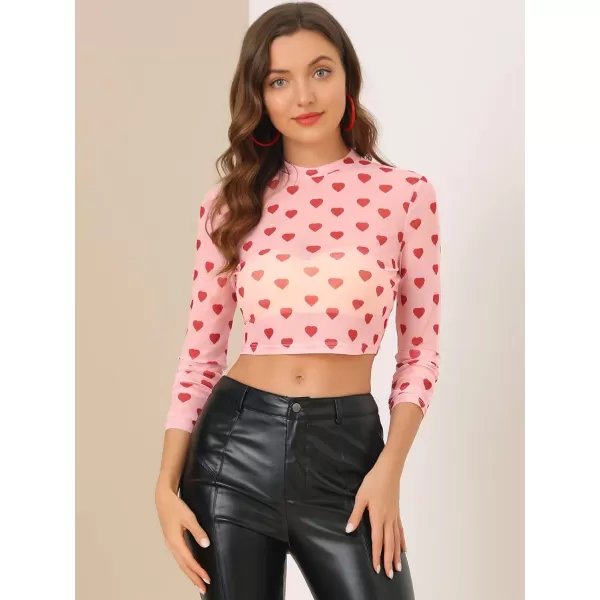 Allegra K Women's Semi-Sheer Sexy Blouse Heart Print Crop Tops Valentine's Day Party Mesh Top