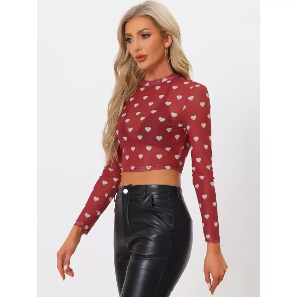 Allegra K Women's Semi-Sheer Sexy Blouse Heart Print Crop Tops Valentine's Day Party Mesh Top