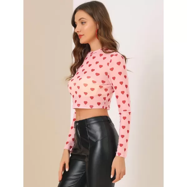 Allegra K Women's Semi-Sheer Sexy Blouse Heart Print Crop Tops Valentine's Day Party Mesh Top