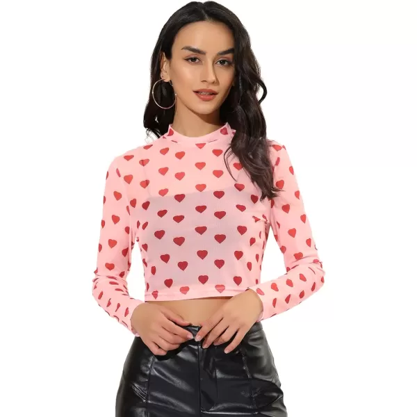 Allegra K Women's Semi-Sheer Sexy Blouse Heart Print Crop Tops Valentine's Day Party Mesh Top