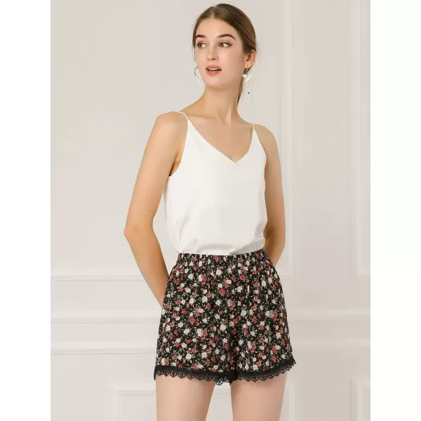 Allegra K Women's Summer Shorts Floral Printed Lace Trim Elastic Waist Beach Shorts