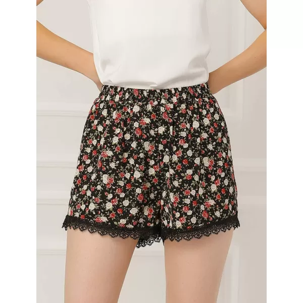 Allegra K Women's Summer Shorts Floral Printed Lace Trim Elastic Waist Beach Shorts