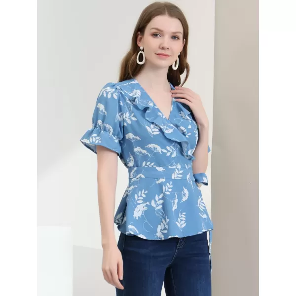 Allegra K Women's Wrap Peplum Top Blouse 2024 Summer Floral Short Sleeve Ruffle V Neck Belted Shirts