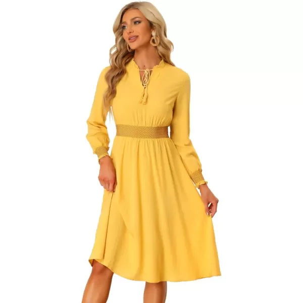 Allegra K Boho Dress for Women's Ruffle Neck Smocked Waist Long Sleeve Midi Dress