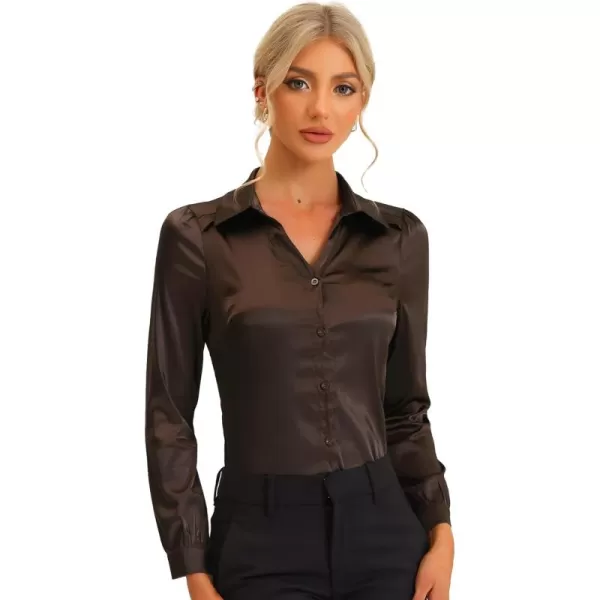 Allegra K Button Down Shirt Top for Women's Long Sleeve Satin Work Office Collared Blouse