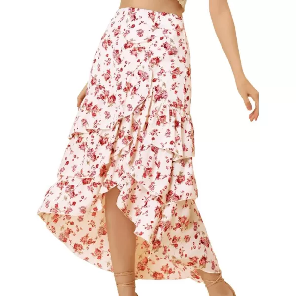 Allegra K Floral Maxi Skirts for Women's Elastic Waist Layered Ruffle High Low Hem Long Skirt