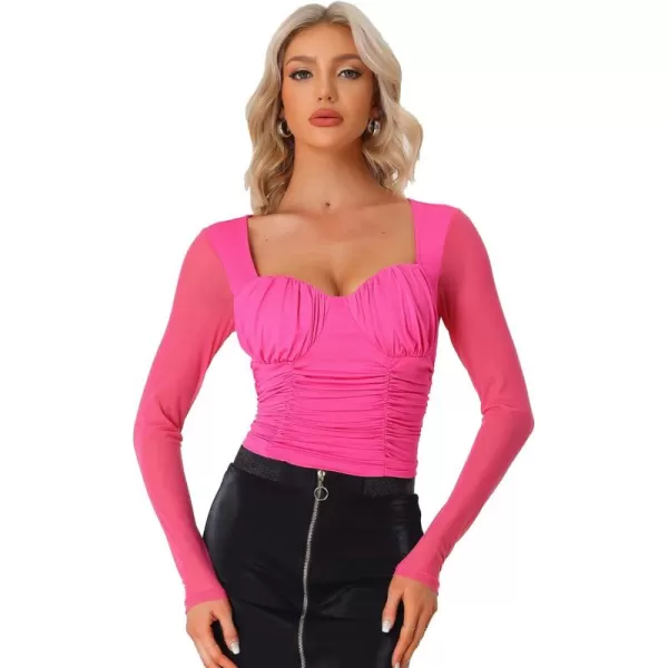 Allegra K Long Sleeve Mesh Tops for Women's Sweetheart Neck 2023 Fall Trendy Ruched Blouse with Padded Bust