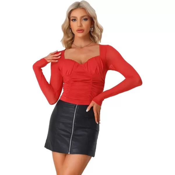 Allegra K Long Sleeve Mesh Tops for Women's Sweetheart Neck 2023 Fall Trendy Ruched Blouse with Padded Bust