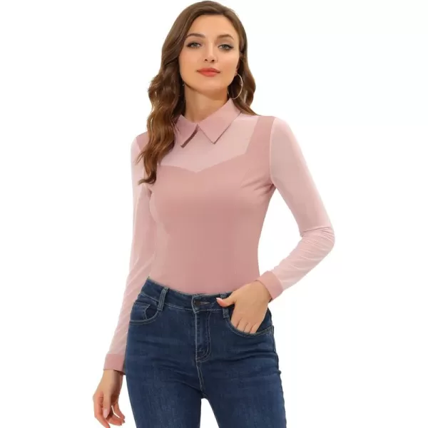 Allegra K Mesh Insert Tops for Women's Long Sleeves Point Collar Work Blouse