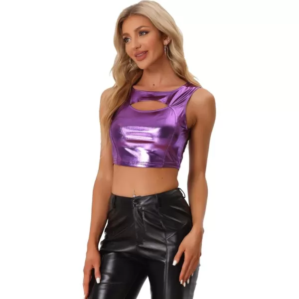 Allegra K Metallic Crop Top for Women's Shiny Sleeveless Cut Out Party Clubwear Holographic Tank Tops