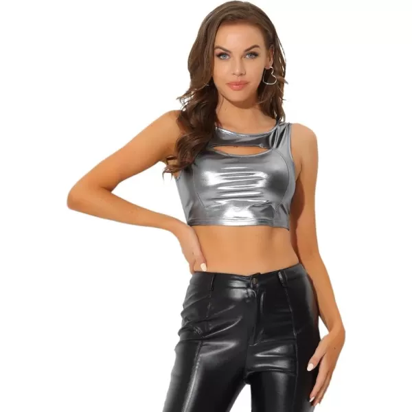 Allegra K Metallic Crop Top for Women's Shiny Sleeveless Cut Out Party Clubwear Holographic Tank Tops