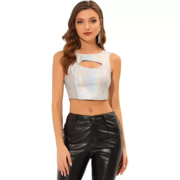 Allegra K Metallic Crop Top for Women's Shiny Sleeveless Cut Out Party Clubwear Holographic Tank Tops