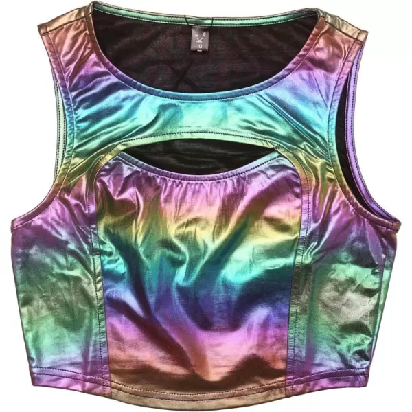 Allegra K Metallic Crop Top for Women's Shiny Sleeveless Cut Out Party Clubwear Holographic Tank Tops