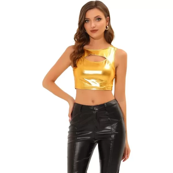 Allegra K Metallic Crop Top for Women's Shiny Sleeveless Cut Out Party Clubwear Holographic Tank Tops