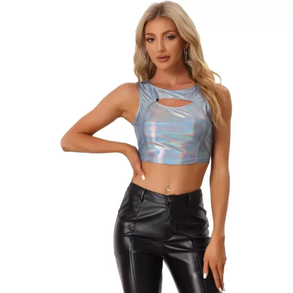 Allegra K Metallic Crop Top for Women's Shiny Sleeveless Cut Out Party Clubwear Holographic Tank Tops