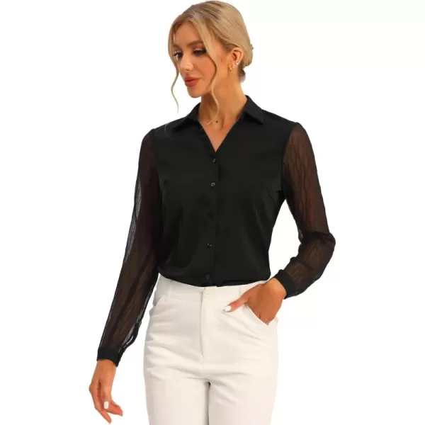 Allegra K Office Blouse for Women's Point Collar V Neck Button Down Mesh Sleeve Work Shirt