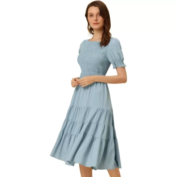 Allegra K Peasant Smocked Dress for Women's Short Sleeve Midi Summer Casual Tiered A-Line Dress