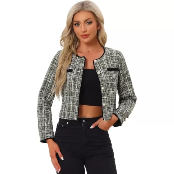 Allegra K Tweed Jacket for Women's Long Sleeve Casual Work Office Plaid Short Outwear