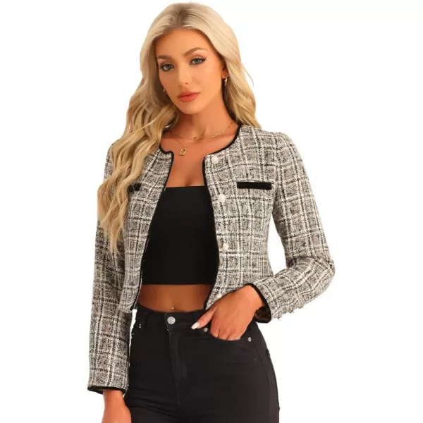 Allegra K Tweed Jacket for Women's Long Sleeve Casual Work Office Plaid Short Outwear