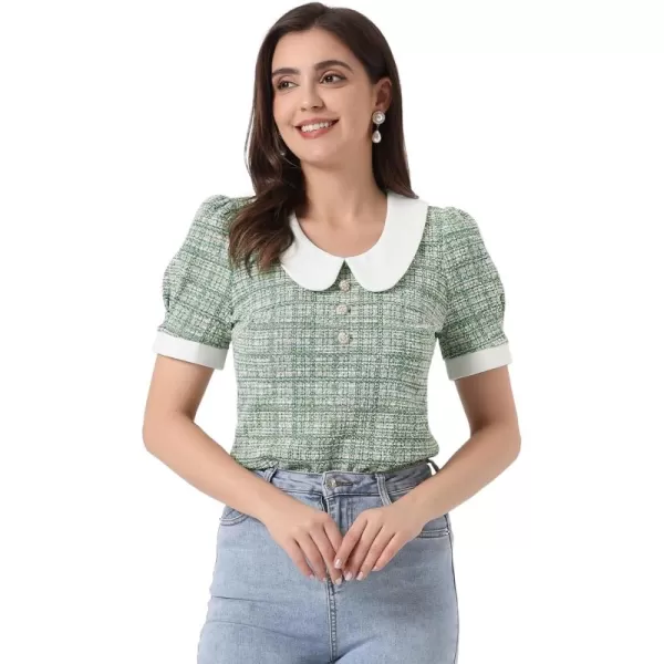 Allegra K Tweed Top for Women's Button Decor Peter Pan Collar Blouse