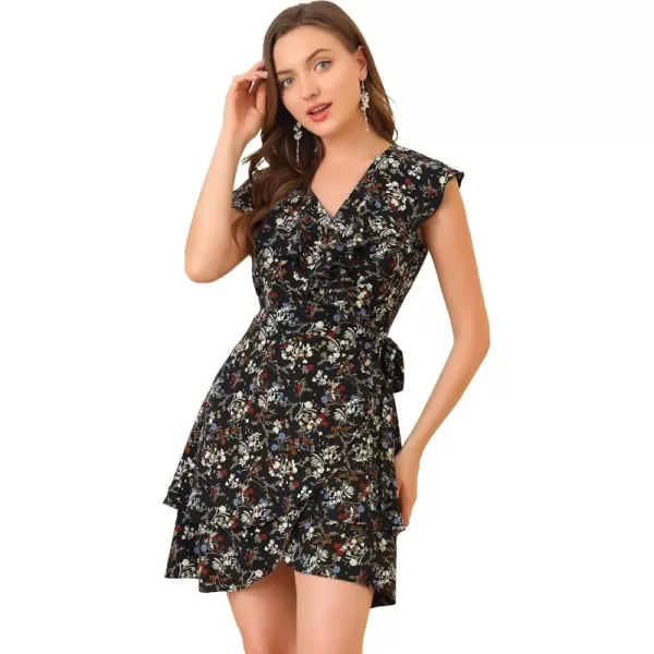 Allegra K Women's Boho Floral Wrap V Neck Ruffle Hem Sleeveless Mini Tulip Dress