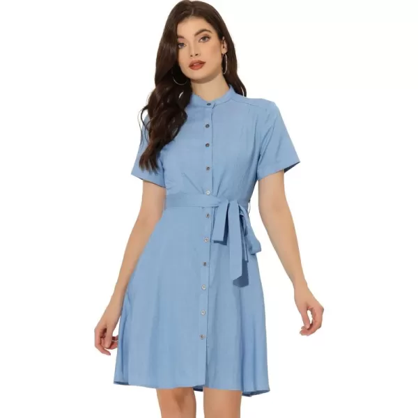 Allegra K Women's Button Down Short Sleeve Denim Chambray Shirt Dress