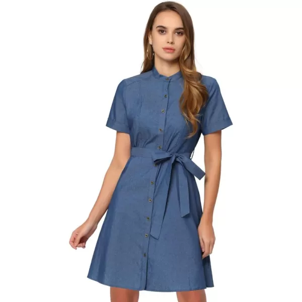 Allegra K Women's Button Down Short Sleeve Denim Chambray Shirt Dress