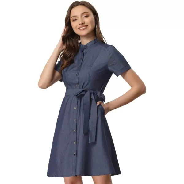 Allegra K Women's Button Down Short Sleeve Denim Chambray Shirt Dress