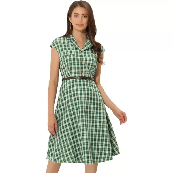 Allegra K Women's Button Front Retro Cap Sleeve Belted Plaid Dresses