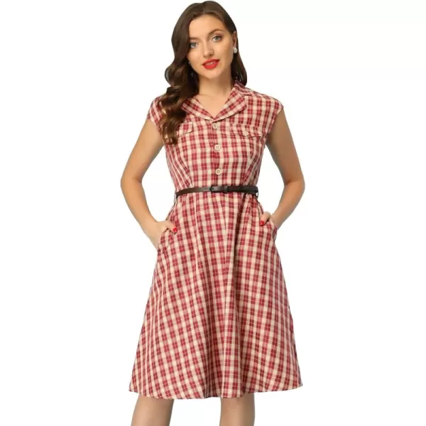 Allegra K Women's Button Front Retro Cap Sleeve Belted Plaid Dresses