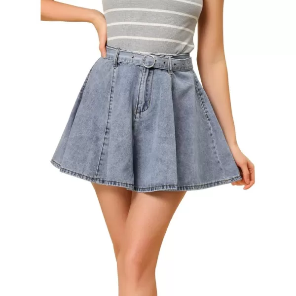 Allegra K Women's Casual Denim Skirt High Waist A-Line Flared Mini Jean Skirts with Belt