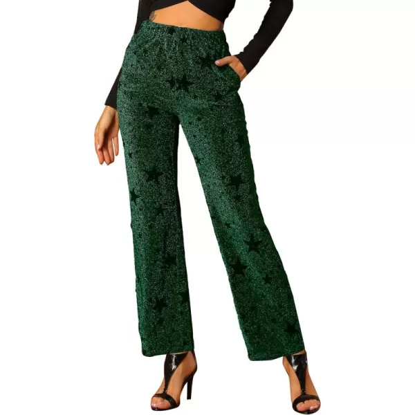 Allegra K Women's Christmas Sparkle High Waist Stretch Party Wide Leg Shiny Star Print Pants