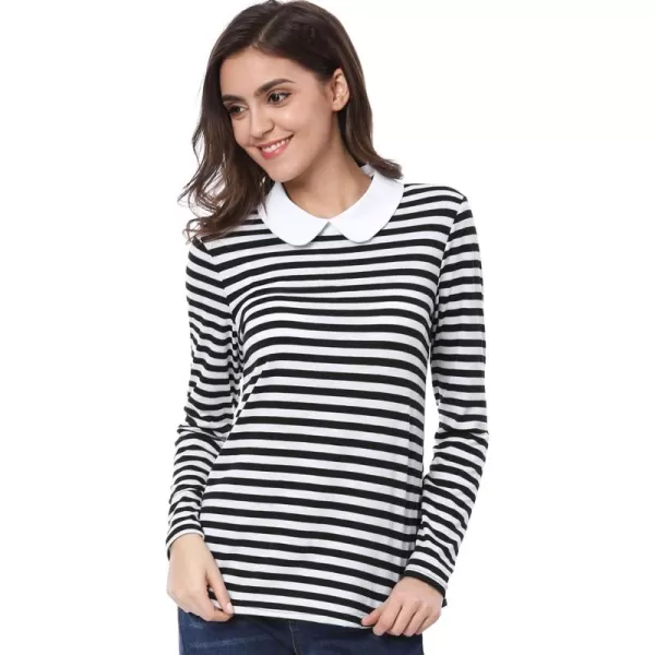 Allegra K Women's Contrast Collar Long Sleeves Peter Pan Collar Striped Blouse Top