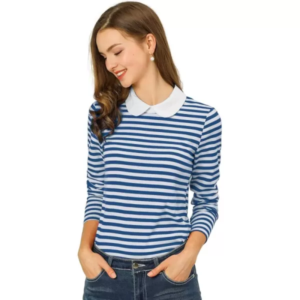 Allegra K Women's Contrast Collar Long Sleeves Peter Pan Collar Striped Blouse Top