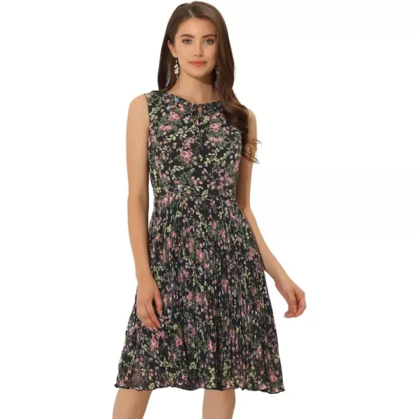 Allegra K Women's Floral Print Summer A-Line Below Knee Length Sleeveless Pleated Dress