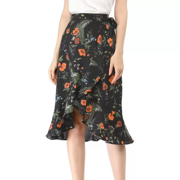 Allegra K Women's Floral Printed Self Tie Knot High-Low Ruffle Hem Wrap Skirt