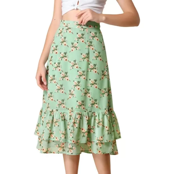 Allegra K Women's Printed Skirt Chiffon Elastic Waist Ruffle Tiered Flowy Midi Skirts