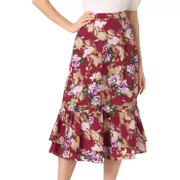 Allegra K Women's Printed Skirt Chiffon Elastic Waist Ruffle Tiered Flowy Midi Skirts