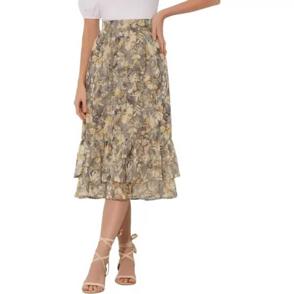 Allegra K Women's Printed Skirt Chiffon Elastic Waist Ruffle Tiered Flowy Midi Skirts