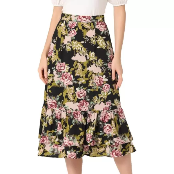 Allegra K Women's Printed Skirt Chiffon Elastic Waist Ruffle Tiered Flowy Midi Skirts