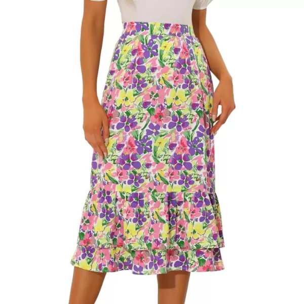 Allegra K Women's Printed Skirt Chiffon Elastic Waist Ruffle Tiered Flowy Midi Skirts