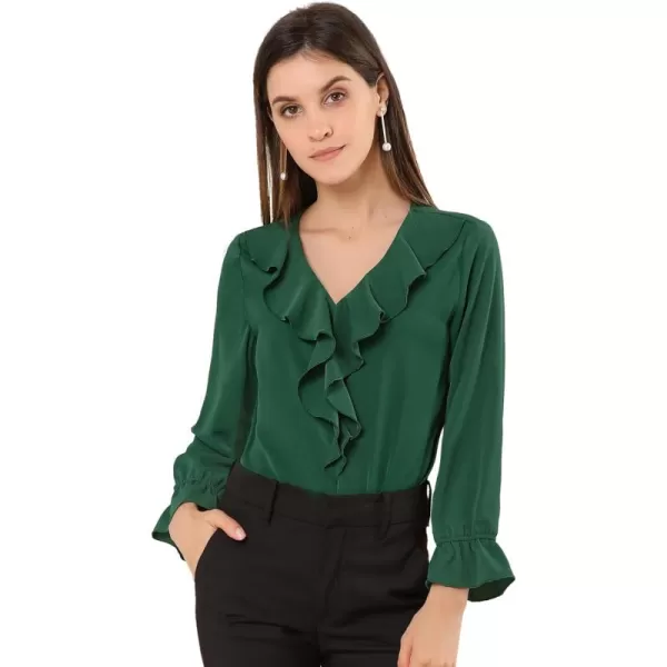 Allegra K Women's Ruffle Blouse for Business Work Elegant V Neck Long Sleeve Casual Dressy Top