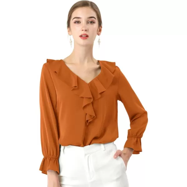 Allegra K Women's Ruffle Blouse for Business Work Elegant V Neck Long Sleeve Casual Dressy Top