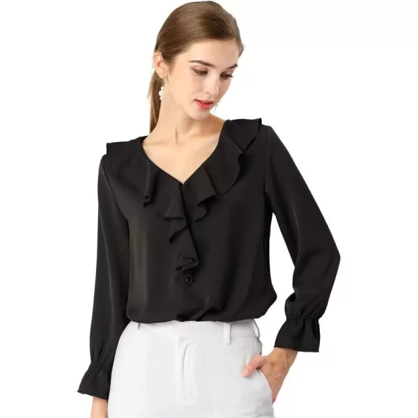 Allegra K Women's Ruffle Blouse for Business Work Elegant V Neck Long Sleeve Casual Dressy Top